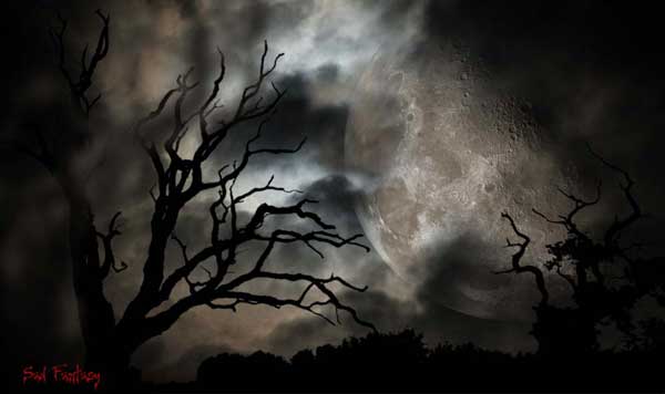 Dead trees silhouetted against a bright moody moon, art by Sad Fantasy