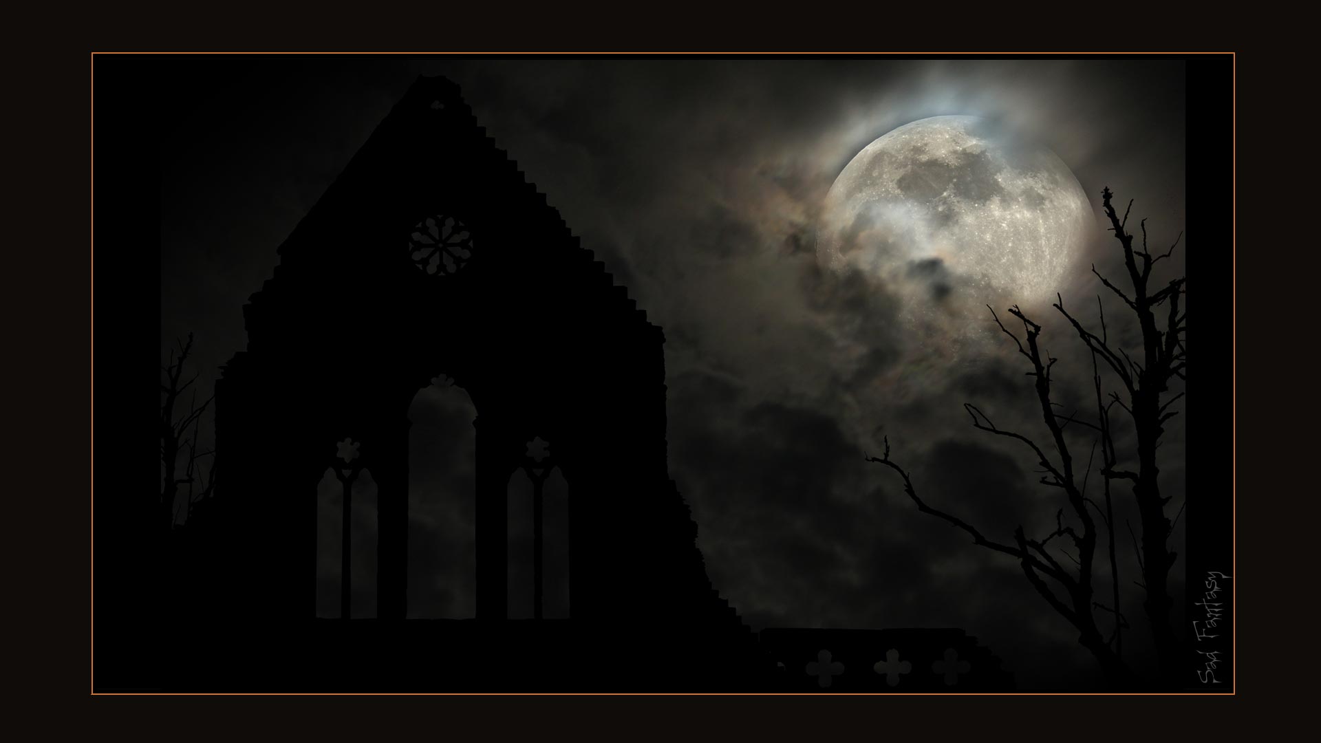 Silhouetteof a Gothic ruin and dead trees by moon light. Art by Sad Fantasy